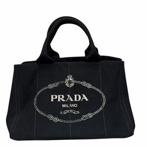 Prada Canapa Black Canvas Tote with White Logo Preowned